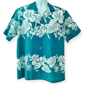 LOANA CASUALS Vintage Hawaiian Cotton Blend Button Up Shirt Hibiscus Teal Size L